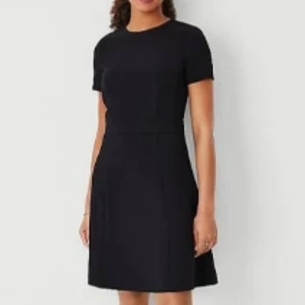 Women's Ann Taylor Petite Flare Dress in Fluid Crepe (Black)